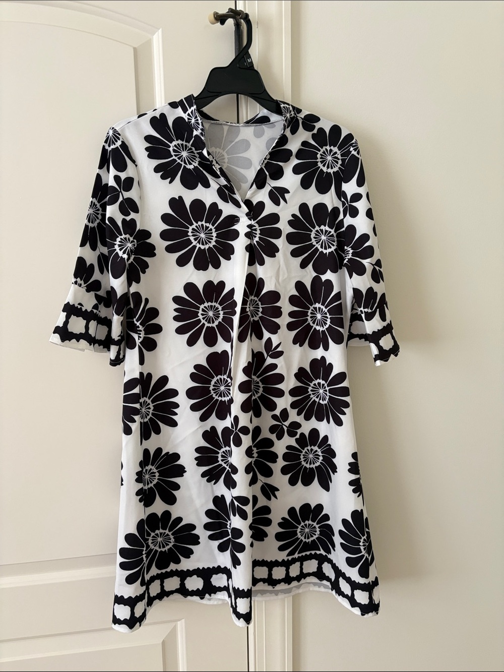 Black and White Floral Midi Dress with V-Neck